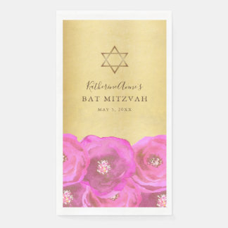Elegante Roze Roos Bloemrijke Gouden Bat Mitzvah Servet