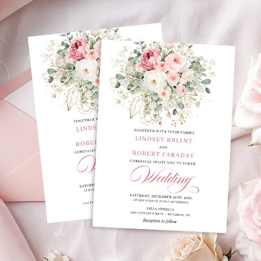 Elegante Roze Roos Boho Bloemige Trouwuitnodiging Kaart