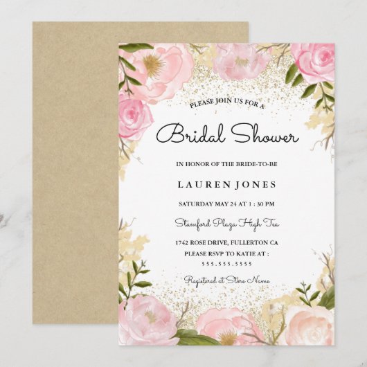 Elegante roze roos bruids douche uitnodiging (Voorkant / Achterkant)