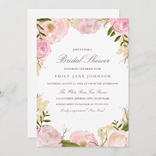 Elegante roze roos bruids douche uitnodiging (Voorkant / Achterkant)