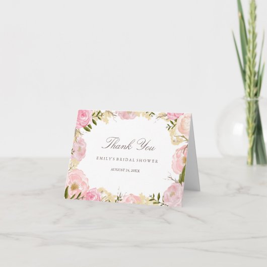 Elegante Roze Roos Bruidsdouche Dankkaart Bedankkaart (Voorkant)