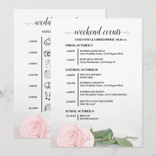 Elegante Roze Roos Bruiloft Evenementen & Tijdsche Programmakaart (Voorkant / Achterkant)