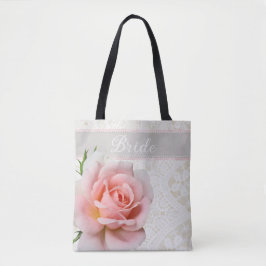Elegante roze roos en bruids kant bruid bruiloft tote bag