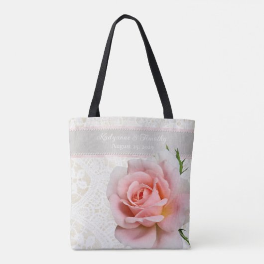 Elegante roze roos en bruids kant bruid bruiloft tote bag (Achterkant)