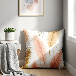 Elegante Roze Roos en Gouden Glitter Pampagras Kussen