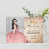 Elegante Roze Roos en Gouden Quinceanera Foto Bedankkaart (Staand voorkant)
