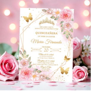 Elegante Roze Roos en gouden Quinceañera verjaarda Kaart