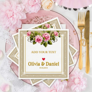 Elegante Roze Roos en Gouden Schrift Bruiloft Servet