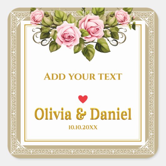 Elegante Roze Roos en Gouden Scriptie Bruiloft Vierkante Sticker (Voorkant)