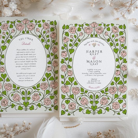 Elegante roze roos en groene hart bruiloft kaart