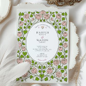 Elegante roze roos en groene hart bruiloft kaart