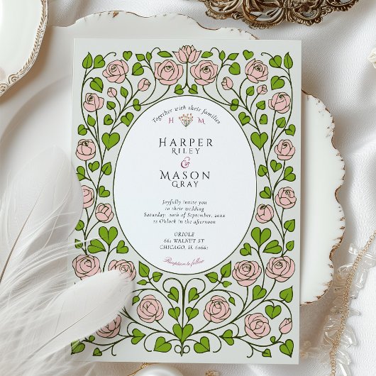 Elegante roze roos en groene hart bruiloft kaart