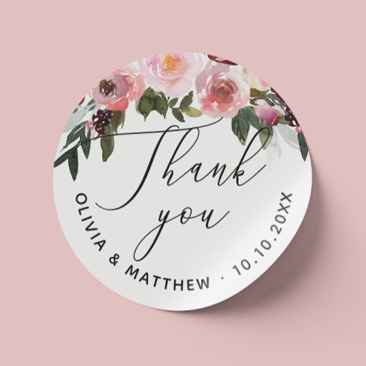 Elegante roze roos. Floral script bruiloft dank u Ronde Sticker