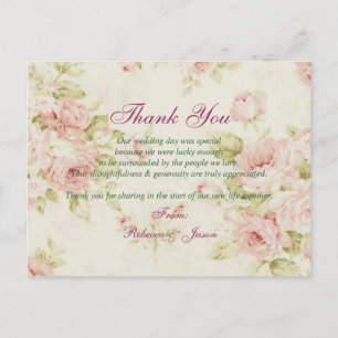 elegante roze roos Floral vintage bruiloft dank u Briefkaart
