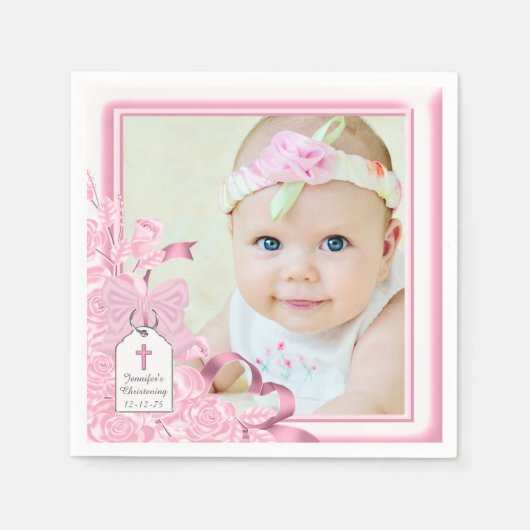 Elegante Roze Roos Foto Doop Servetten (Voorkant)