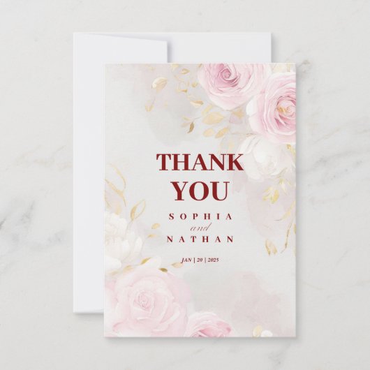 Elegante Roze Roos & Goud Dank u bruiloft Kaart (Voorkant)