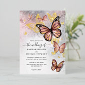 Elegante Roze Roos Goud Vlinder Huwelijk Echt Folie Uitnodiging (Staand Voorkant)