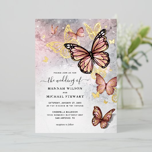 Elegante Roze Roos Goud Vlinder Huwelijk Echt Folie Uitnodiging (Staand Voorkant)