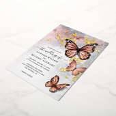 Elegante Roze Roos Goud Vlinder Huwelijk Echt Folie Uitnodiging (Gedraaid)