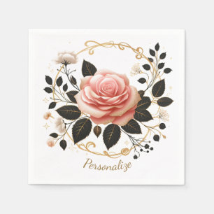 Elegante Roze Roos & Gouden Bloemstuk Kunst Persoo Servet