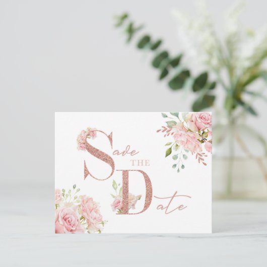 Elegante Roze Roos Gouden Glitter Save The Date Kaart (Staand voorkant)