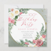 Elegante Roze Roos |Gouden Lijst 100ste Verjaardag Kaart (Voorkant)