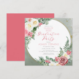Elegante Roze Roos | Gouden Lijst Afstudeerfeest Kaart