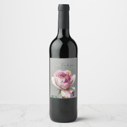 Elegante Roze Roos Impasto Bloem Bruiloft Wijn Etiket (Voorkant)