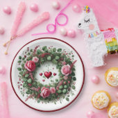 Elegante Roze Roos Krans Rode Harten Papier Bord (Feest)