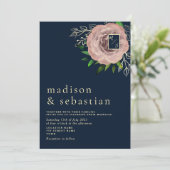 Elegante Roze Roos Marine Blauw Goud bruiloft Uitn Kaart (Staand voorkant)