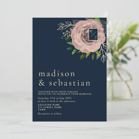 Elegante Roze Roos Marine Blauw Goud bruiloft Uitn Kaart (Staand voorkant)