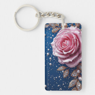 Elegante Roze Roos met Parels en Kristallen Sleutelhanger