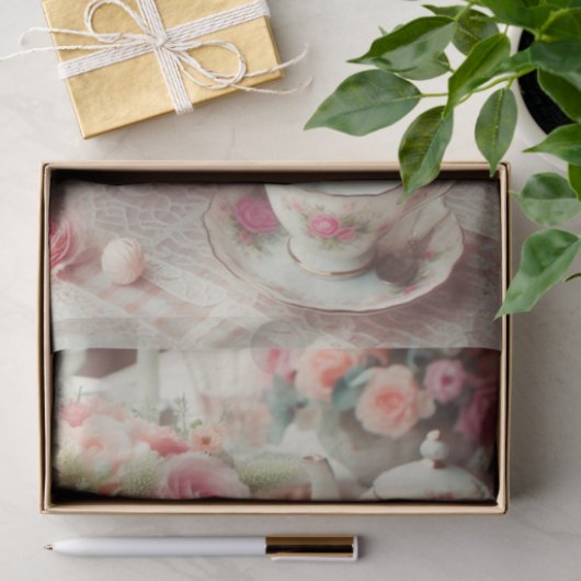 Elegante  roze roos met theepot tissuepapier (Geschenk)