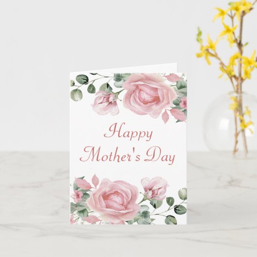 Elegante Roze Roos Moederdag Kaart (Gele Bloem)