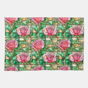 Elegante Roze Roos Nep Gebrandschilderd Glas Patro Theedoek