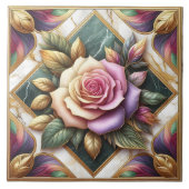 Elegante roze roos omringd door kleurrijke bladere tegeltje (Voorkant)