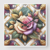 Elegante roze roos omringd door kleurrijke bladere vierkante klok (Voorkant)