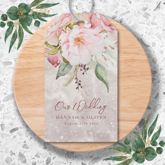 Elegante Roze Roos Pioen Bloem Marmer Bruiloft Cadeaulabel