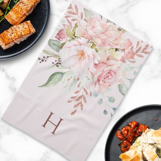 Elegante Roze Roos Pioen Bloem Monogram Theedoek