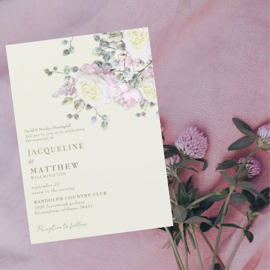 Elegante Roze Roos & Pioen Geel Bruiloft Kaart
