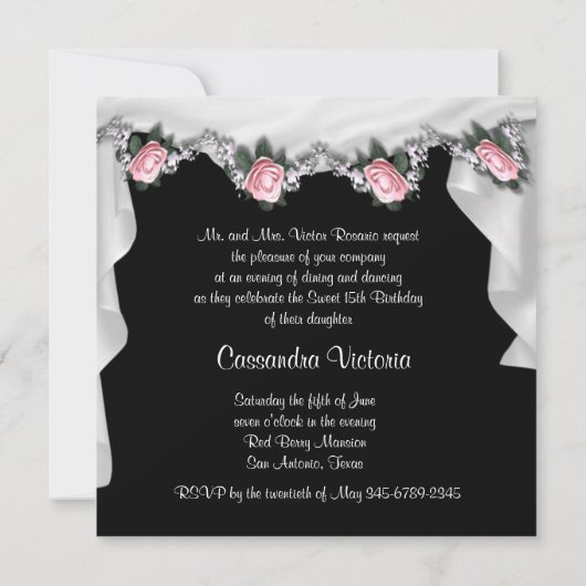 Elegante roze roos quinceanera uitnodigingen (Achterkant)