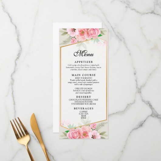Elegante Roze Roos Rand Bruiloftsmenu Menu (Voorkant / Achterkant in situ)
