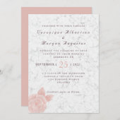 Elegante roze roos script marmeren bruiloft uitnod kaart (Voorkant / Achterkant)
