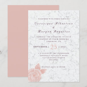Elegante roze roos script marmeren bruiloft uitnod kaart