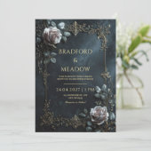 Elegante Roze Roos Zilveren Blad Lijst Bruiloft Kaart (Staand voorkant)
