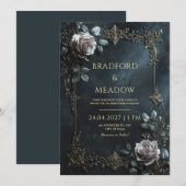 Elegante Roze Roos Zilveren Blad Lijst Bruiloft Kaart (Voorkant / Achterkant)