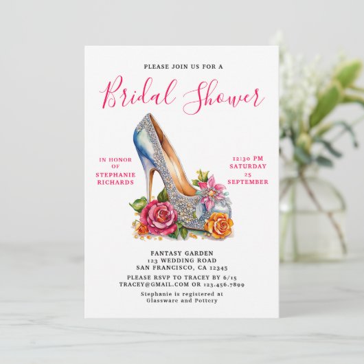 Elegante Roze Roos Zilveren Schoen Bruidsmeisjesfe Kaart (Staand voorkant)