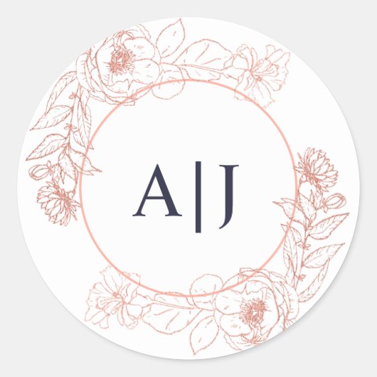 Elegante Roze Rose Goud Bloemen Huwelijk Monogram Ronde Sticker (Voorkant)