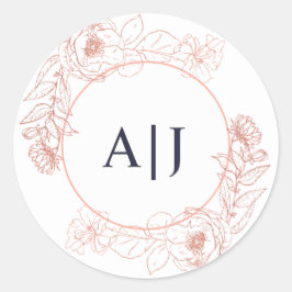 Elegante Roze Rose Goud Bloemen Huwelijk Monogram Ronde Sticker