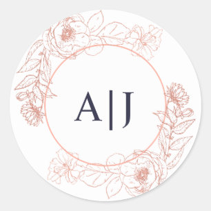 Elegante Roze Rose Goud Bloemen Huwelijk Monogram Ronde Sticker